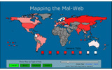 SiteAdvisorの画面表示。危険度を色分けし、地図の拡大・縮小もできる。ドメイン名での集計なので、その国のサイトが直ちに危険ということではないの画像