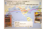 実験ネットワークの経路。東京→シカゴ→アムステルダム→ニューヨーク→シカゴ→シアトル→東京までの距離32372kmを、9.08Gbpsの速度でデータ転送の画像