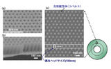 開発した技術により形成された規則配列ナノホールの(a)表面、(b)断面、および(c)磁性体(コバルト)充填後の電子顕微鏡写真の画像