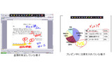 【左】書類を校正している様子 【右】プレゼン中に注釈を入れている様子の画像