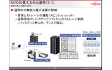 ECOの見える化と運用の一例。業務とストレージを連動させ、ディスクスピンドルをオンオフしたり、回転速度をコントロールすることで無駄な電力の抑制に成功の画像