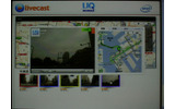 地図画面とライブ映像のマッシュアップデモ。都内に5台の車が移動しながらライブ映像をWiMAX通信で会場の送信してきているの画像