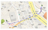 歩道や横断歩道、歩道橋などを進むルートが表示されるの画像