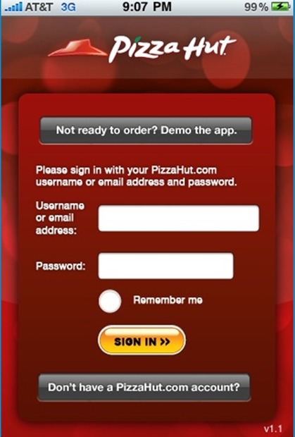 ピザハットのiPhoneアプリの登録画面