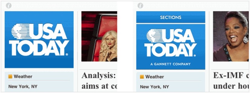 USA Todayのセクションのナビゲーション。左： 1年前及び今月初旬にテストしたもの。右： Sectionsボタンが明示された新しいデザイン。