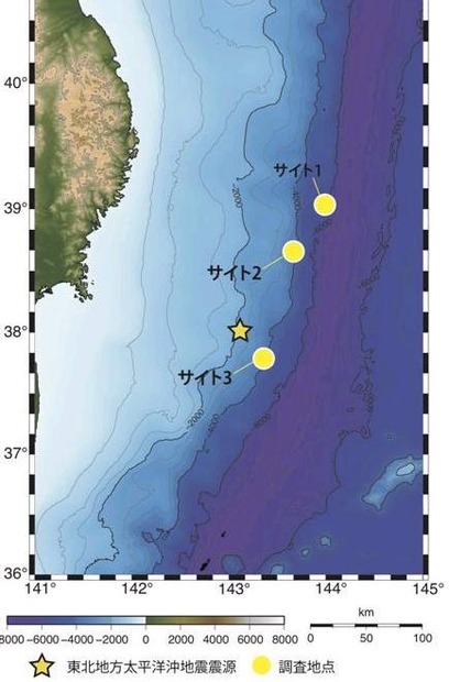 今回の調査の海域マップ。星印が震源、黄色丸印が調査海域