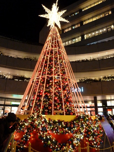 広場にはクリスマスツリー風イルミネ