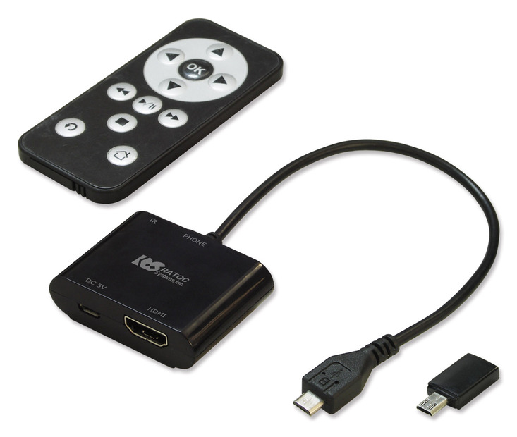 MHL to HDMI変換アダプタ「REX-MHL2HDMI」の本体と付属品