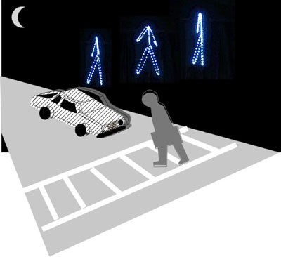 新世代“空間立体表示”（信号機）の想像図　夜間に横断する人がいた場合に、空中に明るい人物像を表示することで交通事故を未然に防ぐといった利用法が考えられる。