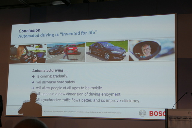 ボッシュ取締役会メンバーのホーアイゼル氏は、Boxberg15にて事故削減こそが自動運転技術開発のモチベーションであり、2020年までの技術的な課題の解決の見通しを伝えた。