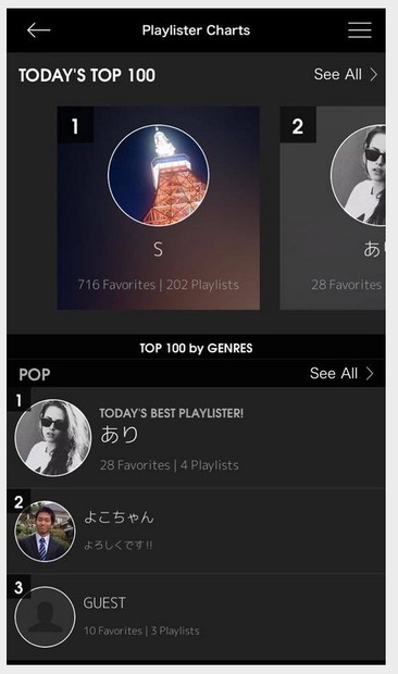 「Playlister Charts」画面