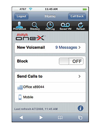 Avaya one-X Mobile for iPhoneの英語版画面