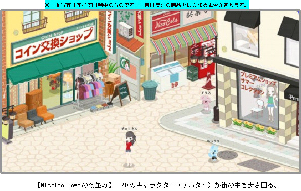 2Dのキャラクター（アバター）が街の中を歩き回る「Nicotto Town」の街並み