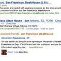 通常の検索結果の下に、Facebook上の友人（Adam Sohn）が「Like！」をしたレストラン（Alexander's Stekhouse）が表示