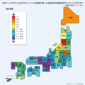 人口10万人当たりのラーメン店登録件数による偏差値の都道府県ランキング（2012年）