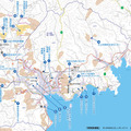 東日本大震災で津波が浸水した範囲や土石流の危険区域・危険渓流、土砂災害の警戒区域・特別警戒区域などを色で区分けして表示。避難所と避難場所の位置も記載している（画像はプレスリリースより）