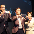 記者発表会のゲストにはHOYAの神原稔氏（写真左）やインテルの江田麻季子氏（写真右）も列席した