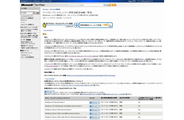 「マイクロソフト セキュリティ情報 MS10-046 - 緊急」画面