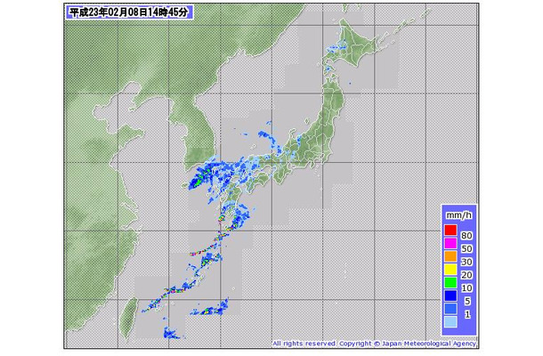 気象庁サイトの降雨情報。西から天気が下り坂で、夜半には関東でも雪の予報