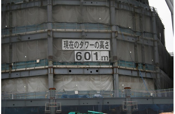 現場に設置されている高さ表示パネルが、ついに「601m」の表示となった