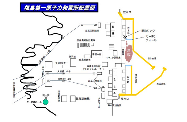 福島第一原発の配置図。図の右上が油漏れが確認された箇所