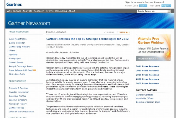 ガートナーによる発表（Gartner Identifies the Top 10 Strategic Technologies for 2012）