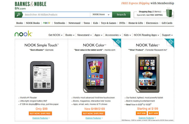 Barnes & Nobleのウェブサイトで販売されているNOOK Tablet