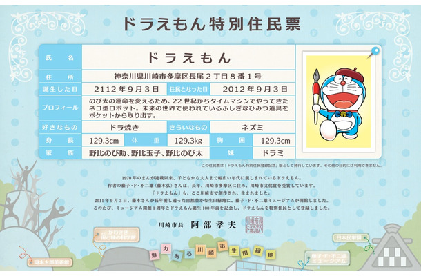 川崎市HPの配布するドラえもん特別住民票。、「身長」129.3cm、「体重」129.3kg、「胸囲」129.3cmとかなりの肥満体であることがわかる