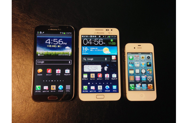 GALAXY Note II（左）とGALAXY Note（中央）を比べると、ディスプレイが若干縦に長くなった。サイズの比較のためiPhone 4S（右）を並べてある