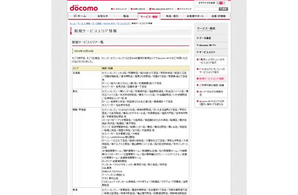 docomo Wi-Fi 新規サービスエリア情報