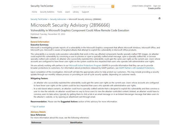 この脆弱性について説明したページ「Microsoft Security Advisory (2896666)」