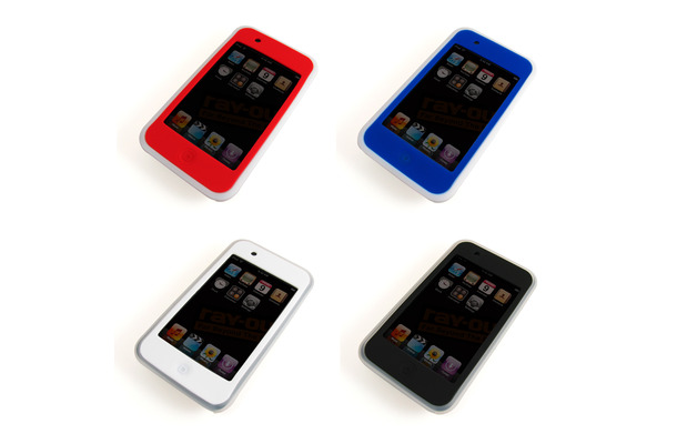 Double color Silicon Jacket（iPod touch用モデル、左上から時計回りにレッド/ネイビー/ブラック/ホワイト）