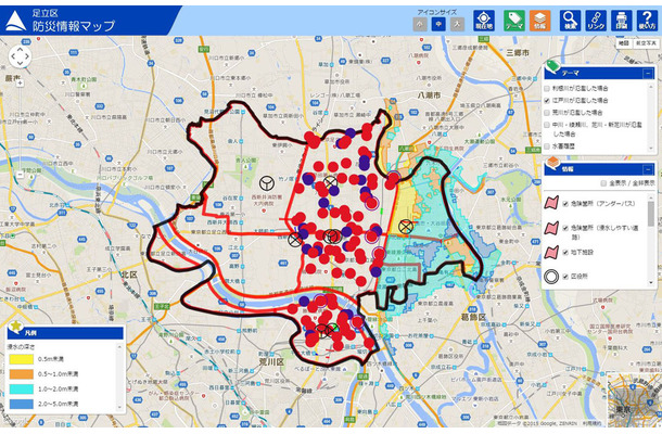 同社の「地域情報マッピングシステム」では、多くの自治体で利用されているGISデータを加工せずに登録・公開が可能。GIS管理外のデータもexcel形式でのインポートが行える（画像は足立区防災情報マップより）。