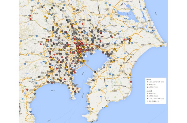 東京都・神奈川県・千葉県・埼玉県で下り100Mbps以上を記録した地点