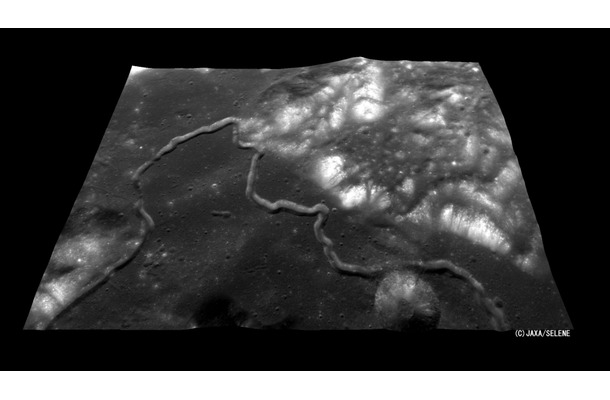 アポロ15号の着陸地点付近の地形カメラの立体視画像：雨の海を取り囲むアペニン山脈の麓、ハドレー谷（北緯26度07分 東経3度38分）。ハドレー谷は、全長80km、深さ300mの蛇行谷