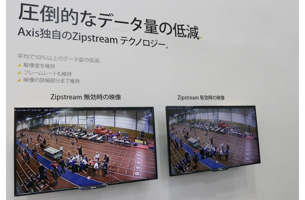 「Zipstreamテクノロジー」の有効性を示す実映像を使ったデモ。左の画面がオフの状態、右の画面がオンの状態（撮影：防犯システム取材班）