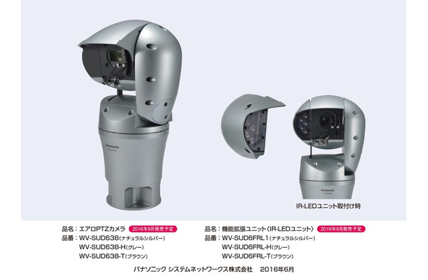 「エアロPTZカメラ」と、照射距離150mの別売IR LEDユニット。風速60m/sでも動作可能で、雨や低温、塩害などの厳しい環境でも安定した撮影を実現する（画像はプレスリリースより）