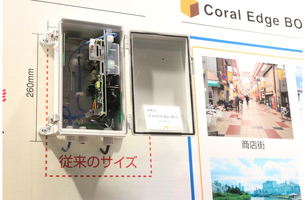 設置後の維持管理の手間を削減することを可能にする監視カメラ用制御BOX「Coral Edge BOX（コーラルエッジボックス）」。写真の外枠が従来の制御BOXのサイズで、同製品が小型化していることがわかる（撮影：防犯システム取材班）