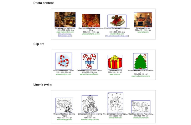 それぞれ写真コンテンツ・クリップアート・線画を指定して、「Christmas」をイメージ検索した結果