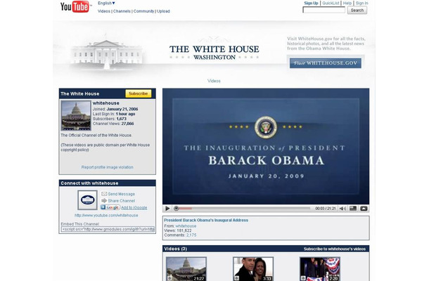 ホワイトハウスのチャンネル「www.youtube.com/whitehouse」