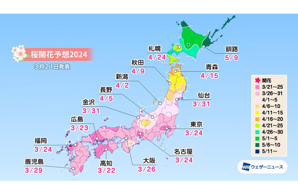 ウェザーニューズ、今週末から桜開花スタート！トップは高知で3月22日、東京は24日予想