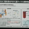 水が水素発生材に注入され、そこで純水素が発生する。その純水素を発電セルの水素極側に注入。水素と外部から吸った酸素によって電気が発生する。最後には水素と酸素は反応して水になるが、そのかわりに電気がでるという。の画像