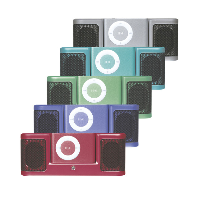 コレガ、iPod shuffleのカラーとお揃いのコンパクトスピーカー——USBケーブルから充電