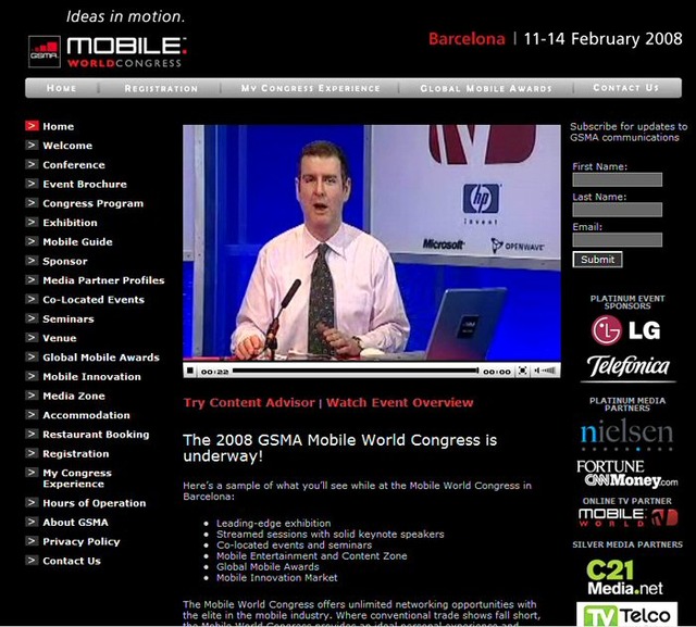 「Mobile World Congress 2008」のライブ配信はじまる
