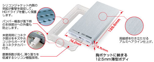 Mac対応の耐衝撃シリコンジャケット付ポータブルHDD