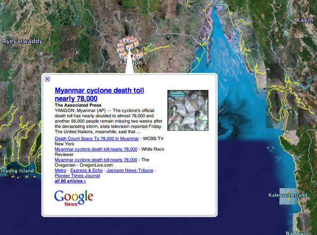 Google Earth、地図上にその場所で発生したニュースを表示する新機能