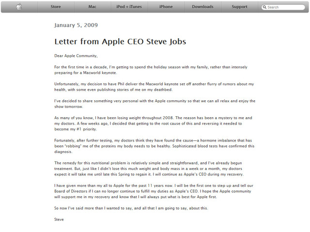 ジョブズCEO、自らの病状を告白する手紙でアップル株上昇