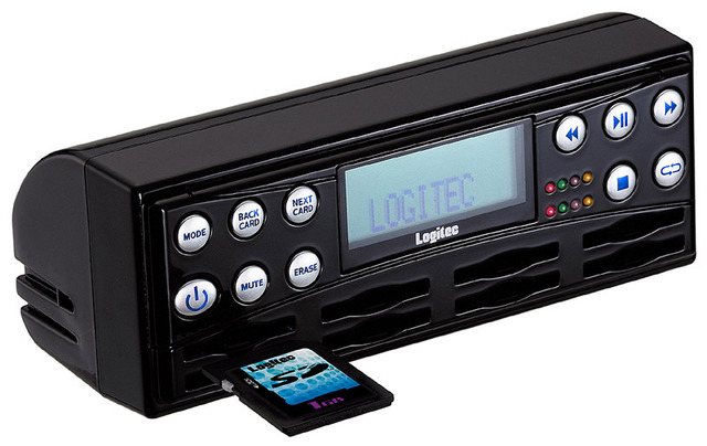 ロジテック、FM波で音楽を飛ばすSDメモリ8スロット搭載MP3プレーヤー