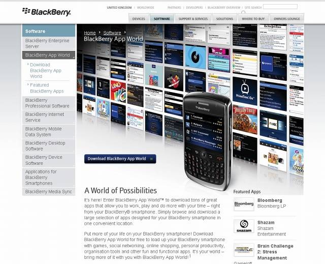 オンラインショップ「BlackBerry App World」がオープン