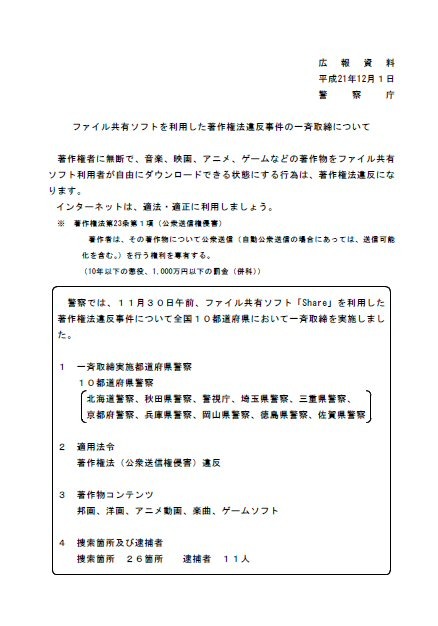 P2Pを悪用したビジネスソフト著作権侵害行為などで追送致